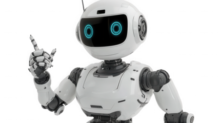 A white robot with blue eyes pointing upwards with its right hand on transparent background