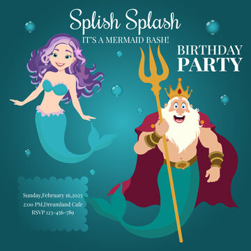 Children's birthday invitation card with a cute little mermaid and sea king. Template. Vector illustration.