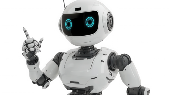 A white robot with blue eyes pointing upwards with its right hand on transparent background