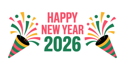 Happy New Year 2026: An illustrated celebratory greeting for the New Year, featuring festive party poppers and the welcoming inscription of the year.