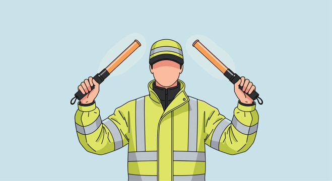 Friendly traffic controller guiding vehicles with vibrant wands for safety and efficiency on the road or construction site, ensuring smooth operations
