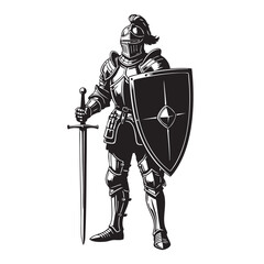 Fototapeta premium Medieval Knight Full Armor Holding Great Sword and Shield Standing Position Black White Vector Illustration Ready to Fight Brave Warrior Defender Medieval History Soldier Concept