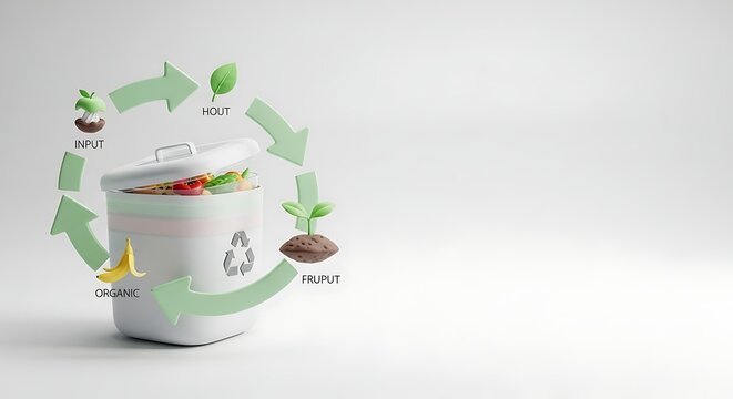 Sustainable living concept showing food waste composting cycle, promoting eco-friendly practices for a greener planet and a healthier future for generations