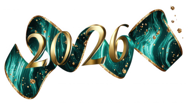 Golden year two thousand twenty six on teal ribbon with sparkles on transparent background - Powered by Adobe
