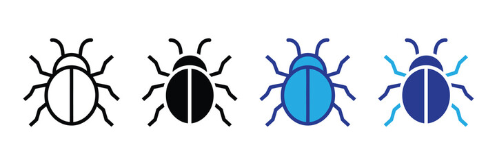 Collection of stylized bug icons in various designs and colors, representing software bugs, insects, and digital errors in a clean, vector style. isolated on white background