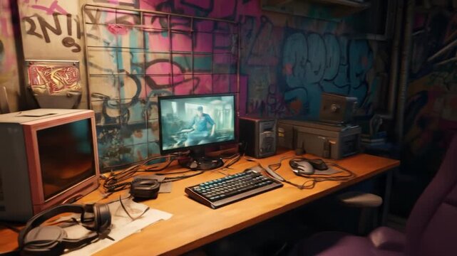 Room interior with graffiti art and computer setup