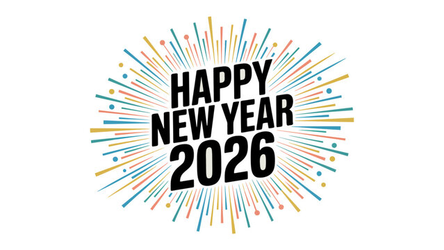 Celebratory New Year 2026: The festive typography design of Happy New Year 2026, radiating joy and anticipation for the upcoming year, accompanied by a dynamic burst of colorful lines.