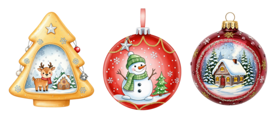 Cute Christmas Tree Shaped Ornament with Reindeer and Snowy Village Scene, Festive Holiday Decoration Illustration