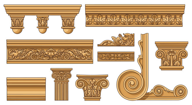 Elegant architectural elements featuring intricate carvings and classical details for timeless design projects and decorative applications, perfect vector set