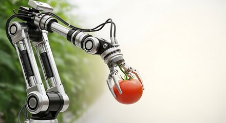 Automated robotic arm delicately harvests ripe tomato in futuristic greenhouse, showcasing precision farming and sustainable agriculture technology