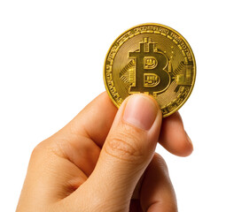 Hand Holding Golden Bitcoin Coin Isolated on White Background. Physical Cryptocurrency Symbol for Finance and Investment Concept.