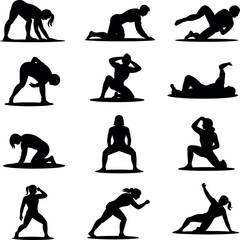 Collection of female silhouette poses doing workout exercises fitness training