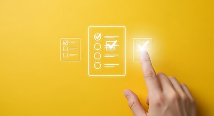 Hand selecting a task from a checklist on a yellow background concept