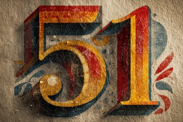 Vintage Style Number 51 with Artistic Texture and Bold Colors