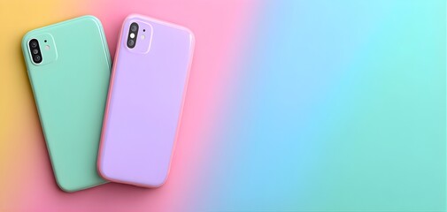 Two pastel colored smartphone cases on a vibrant gradient background