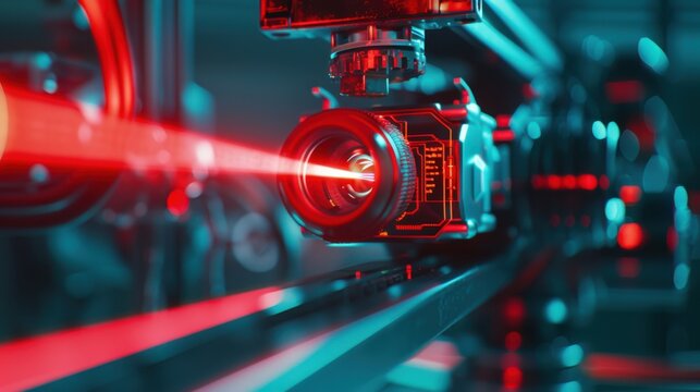 Close-up of high-tech optical sensor with red laser beam. Modern automation, robotic system engineering uses red light technology. Precision equipment device for industry.