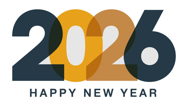 New Year 2026: A minimalist, yet striking graphic design announces the arrival of 2026, the year ahead marked with overlapping numbers and a greeting of joy.