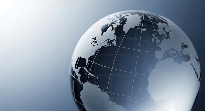 Global interconnectedness displayed on a stylized translucent glass globe featuring continents, symbolizing worldwide communication, technology, and international business growth.