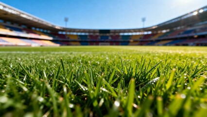 Close up wet grass at the football stadium during sunny summer day. Ai Generative