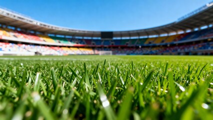 Close up wet grass at the football stadium during sunny summer day. Ai Generative