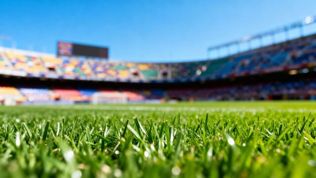 Close up wet grass at the football stadium during sunny summer day. Ai Generative