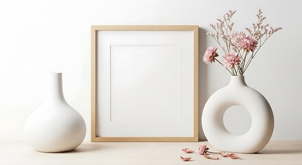 Minimalist home interior decor scene with a wooden photo frame mockup centered between two modern white vases holding delicate pink flowers and petals on a table.