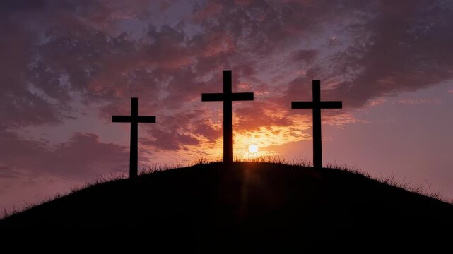 Three Crosses on a Hill at Sunset - A Symbol of Faith.