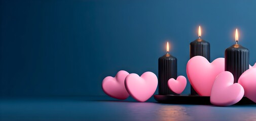 Romantic ambiance with pink hearts and lit candles on a dark blue background