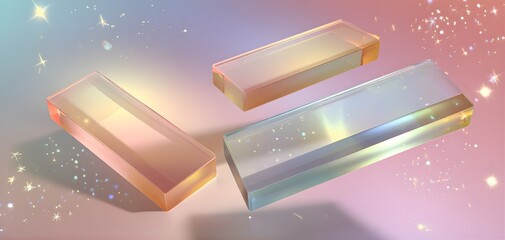 Three translucent rectangular prisms with iridescent light reflections and sparkling bokeh effects
