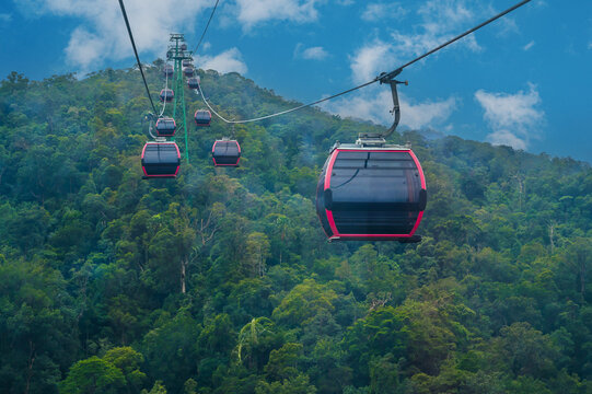 Cabanas on a cable car in the mountains in the forest in Vietnam in the Ba Na Hills Park in summer in Da Nang.