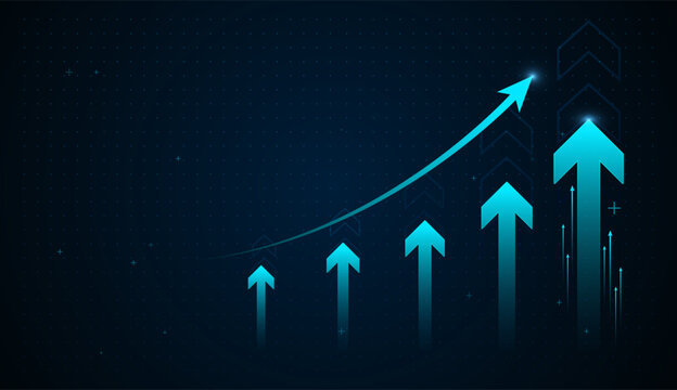 A glowing blue upward arrow rises above smaller arrows, symbolizing strong financial growth and accelerating business performance. A glowing blue arrow rises