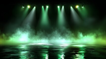 Fototapeta premium Bright spotlights illuminate a dark stage with low-lying atmospheric fog and wet floor reflections