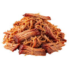 Obraz premium Heap of freshly prepared pulled pork isolated on transparent background, showcasing its tender texture, rich color, and smoky flavor, perfect for barbecue enthusiasts and food lovers