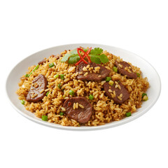 Fototapeta premium Savory Garlic Beef Fried Rice with Scallions and Chili isolated on a transparent background 