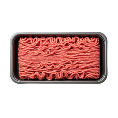 Raw ground beef in a grey plastic tray against a meat food
