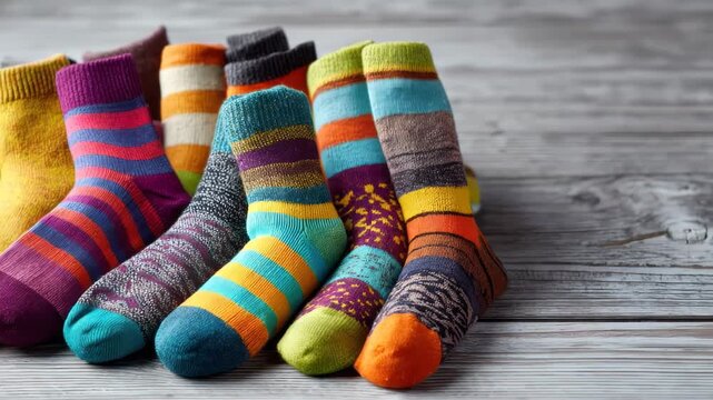 Colorful Striped Socks Collection on Wooden Floor