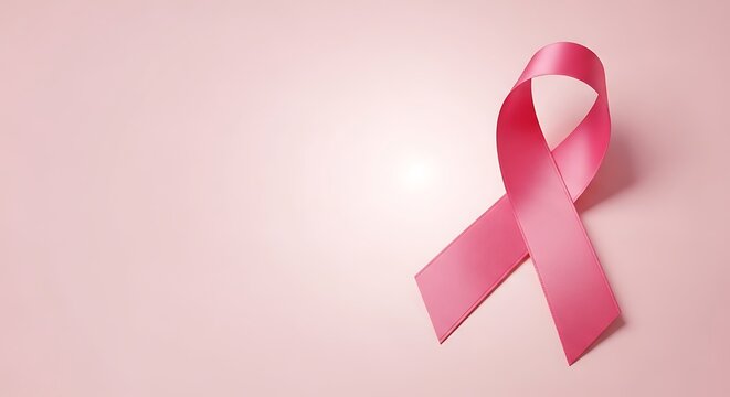 Pink ribbon symbol of breast cancer awareness, hope, and support on a soft pastel background, advocating for health, medical research, and early detection. - Powered by Adobe
