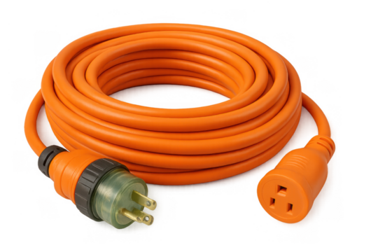 Orange heavy-duty coiled extension cord providing temporary electrical power for outdoor and indoor use