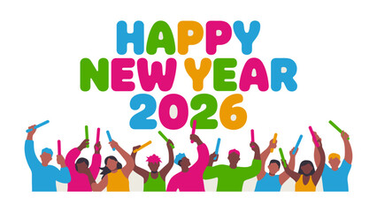 A Joyous Start: A diverse group of people is exuberantly celebrating the New Year 2026, holding up colorful lights in a scene of unity and anticipation.