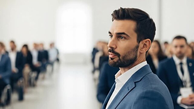A Dynamic Business Presentation: Man Addressing a Seated Audience in Conference