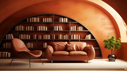 Cozy up with this stunning modern living room featuring warm tones, a stylish sofa, chair, bookshelf, and plant for a comforting ambiance.