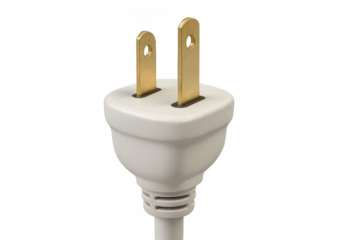 White electrical power plug connecting to a cable, providing energy and electricity, isolated with transparent background