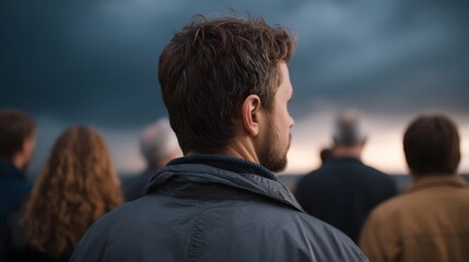 A man seen from behind leads a group observing a dramatic stormy sky at dawn evoking contemplation and anticipation