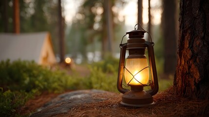 Vintage oil lantern glowing in a serene forest campsite at dusk