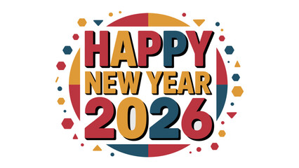 Celebratory New Year 2026 Typography: Vibrant typography announces the arrival of 2026, festooned with a playful array of colors and geometric shapes, heralding the beginning of a fresh year