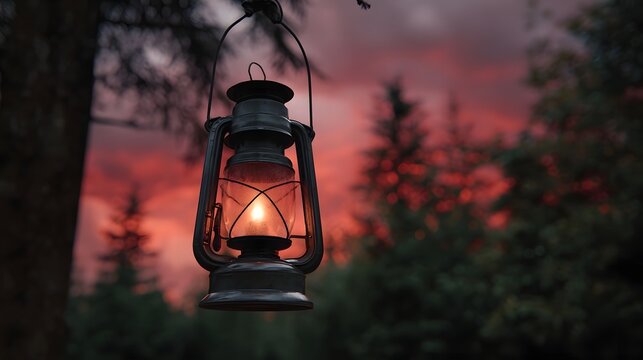 A vintage lantern glows with warm light suspended from a tree branch against a dramatic crimson sunset in a dark forest