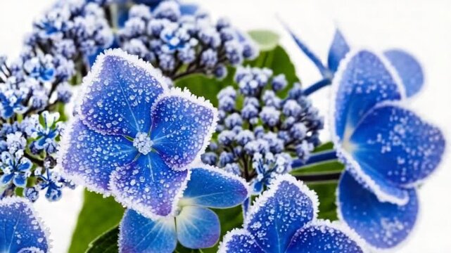 Close Up Frost Covered Blue Hydrangea Flowers in Morning Light