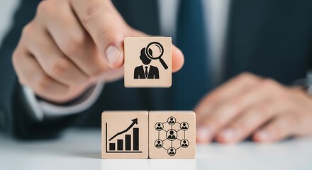 Businessman hand touching a glowing digital interface with a question mark icon surrounded by business concept symbols