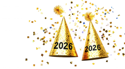 Two gold party hats with 2026 and confetti on a black background on transparent background