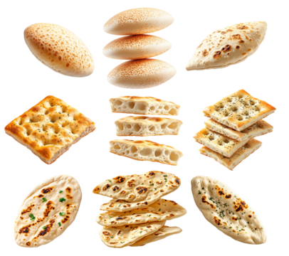 Various types of flatbreads and pita breads arranged on white background, showing texture and variety, concept of traditional food